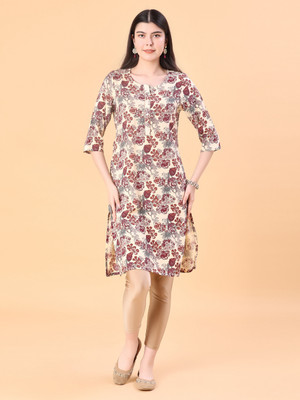 V-MART Women Printed Straight Kurta(Beige)