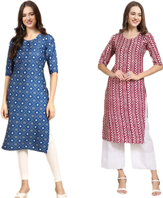 KAUTAQI Women Printed Straight Kurta(Multicolor)