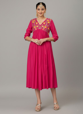 irtiqa Women Gathered Pink Midi/Calf Length Dress