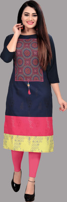 HouseOfCommon Women Printed Straight Kurta(Dark Blue)