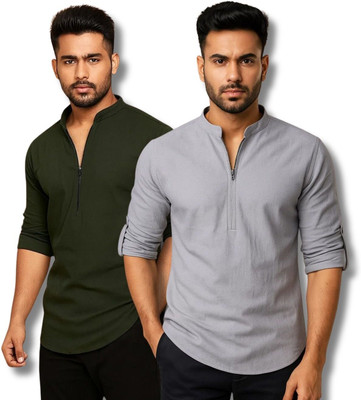 CROWNTAIL Men Solid Straight Kurta(Green, Grey)