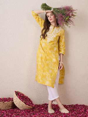 BKApparels Women Embroidered Straight Kurta(Yellow)