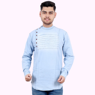 M'COT F-999 Men Washed Straight Kurta(Light Blue)