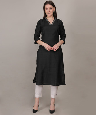 4U Fashion Women Solid Straight Kurta(Black)