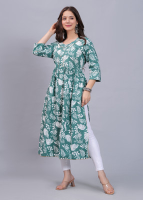 Mahruchi Textile Women Block Print Flared Kurta(Green)