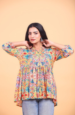RAISHREE Women Printed Flared Kurta(Orange)