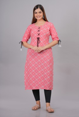 METAFAB Women Printed Straight Kurta(Pink, White)