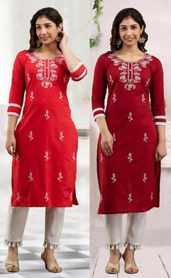 vikshi Women Chikan Embroidery Straight Kurta(Multicolor)