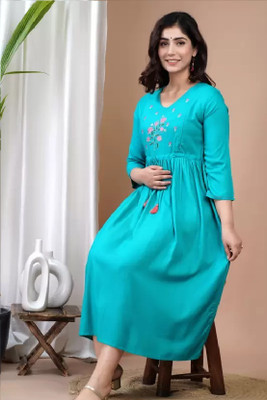 Priyas Creation Women Printed Flared Kurta(Light Blue)