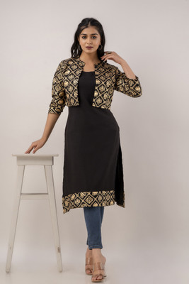 Shedika Women Printed Straight Kurta(Black, Gold)