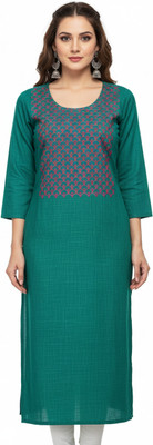 SARANS Women Embroidered, Geometric Print Straight Kurta(Green)