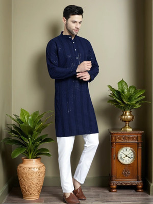 TRANDTIDE Men Embroidered Straight Kurta(Dark Blue)