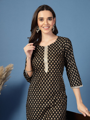 Anmi Printed Women Straight Kurta(Black)
