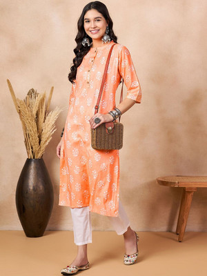 ANOUK Women Floral Print Straight Kurta(Orange)