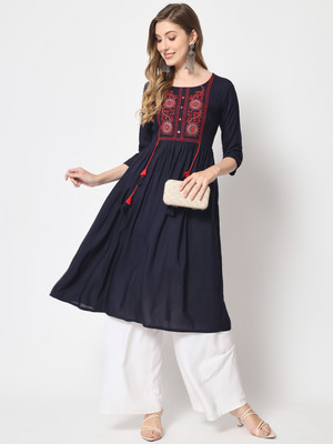 KBZ Women Embroidered Flared Kurta(Blue)
