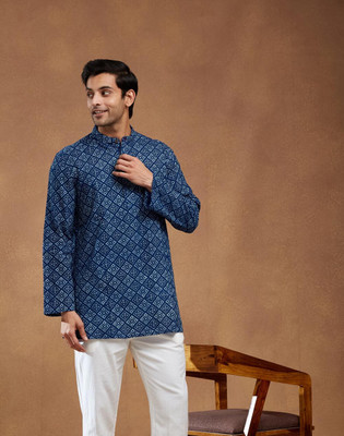 Fabindia Men Printed Straight Kurta(Blue)