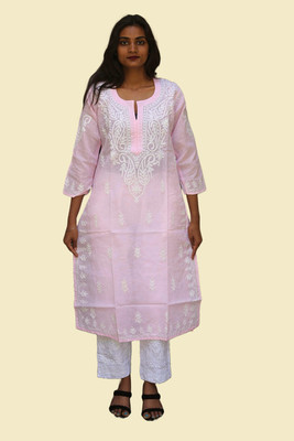 J K FASHION Women Chikan Embroidery, Embroidered Straight Kurta(Pink)