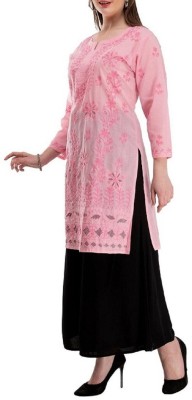 MOONDEO Women Chikan Embroidery Straight Kurta(Pink)