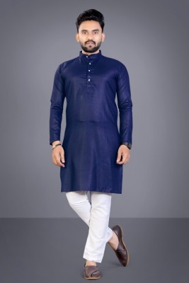 Ghjghjkkvnkk Men Solid Straight Kurta(Dark Blue)