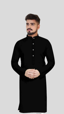 HouseOfCommon Men Solid A-line Kurta(Black)