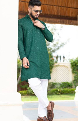 swara creation Men Chikan Embroidery Straight Kurta(Green)