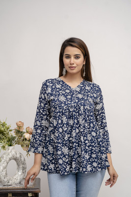 Zyla Women Printed Flared Kurta(Dark Blue)