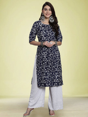 Moda Rapido Women Floral Print Straight Kurta(Blue)
