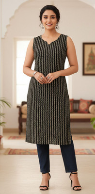 MT TEXTILE Women Geometric Print Straight Kurta(Black)
