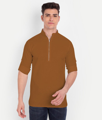 HouseOfCommon Men Solid Straight Kurta(Brown)