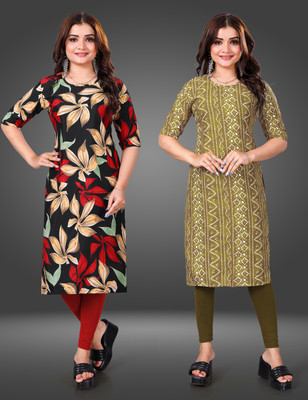MOBHISA Women Printed Straight Kurta(Brown)