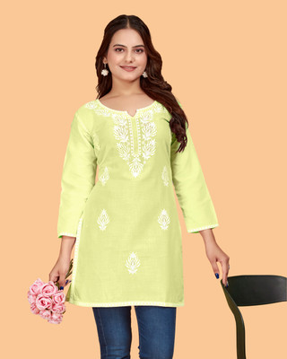 DharmHouse Women Chikan Embroidery Straight Kurta(Light Green)