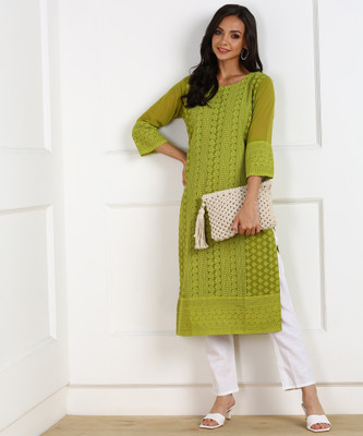 SWAGG INDIA Women Chikan Embroidery Straight Kurta(Light Green)