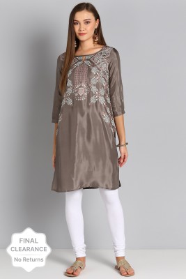 W Women Printed Straight Kurta(Grey)