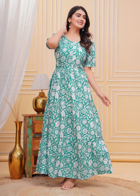 ISRANI Women Printed Anarkali Kurta(Green)