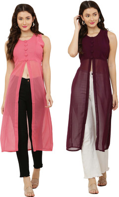 VESICLE Women Solid Frontslit Kurta(Pink, Purple)