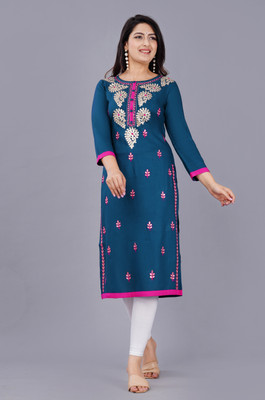 RF CLOTHES Women Embroidered A-line Kurta(Blue)