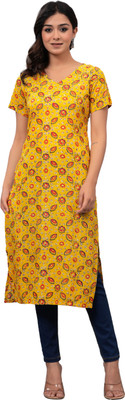 Maquien Women Printed Straight Kurta(Yellow)