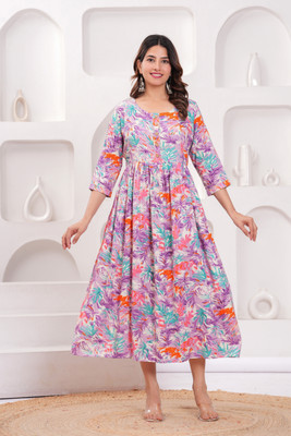 phoolkesa Women Printed Anarkali Kurta(Purple, White)