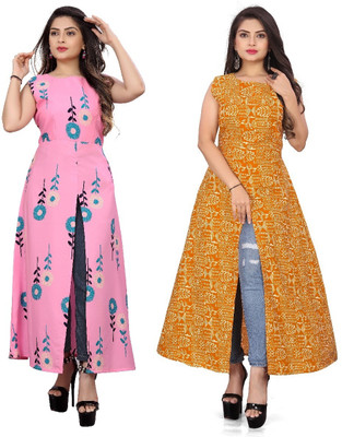 Hiral Creation Women Printed Frontslit Kurta(Orange)