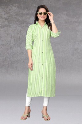 MANTRA DESIGNER Women Striped Trail Cut Kurta(Light Green, White)