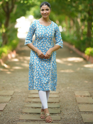 LIBAS Women Floral Print A-line Kurta(Blue)
