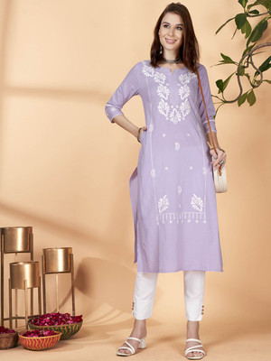 ANOUK Women Printed Straight Kurta(Purple)