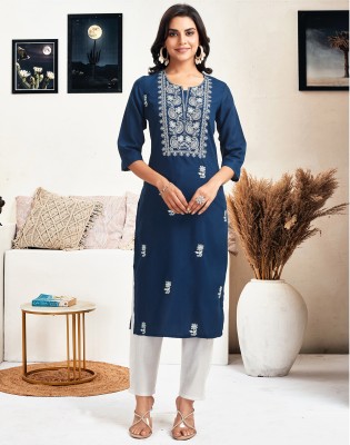 Skylee Women Chikan Embroidery, Embellished, Dyed/Ombre, Self Design Straight Kurta(Dark Blue)