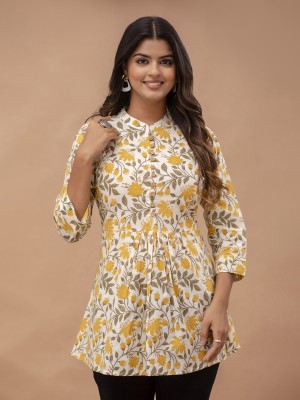 CLOTHING CULTURE Women Floral Print Straight Kurta(Yellow, White)