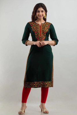 GOMOSWA INTERNATIONAL Women Embroidered A-line Kurta(Dark Green)