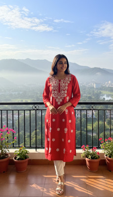 fasionkart Women Embroidered, Chikan Embroidery, Solid Straight Kurta(Red)