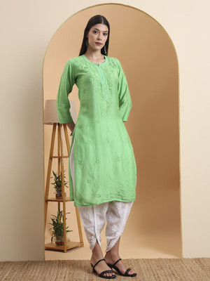 Elenora Women Chikan Embroidery Straight Kurta(Green)