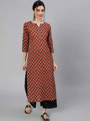 Kamex Women Geometric Print A-line Kurta(White, Maroon)