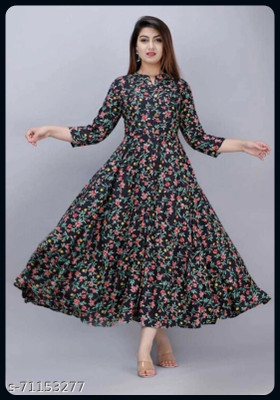 The Anvitextile Women Printed Anarkali Kurta(Black)