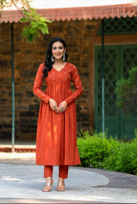 ABHILASHA CREATION Women Solid, Embroidered Anarkali Kurta(Orange)